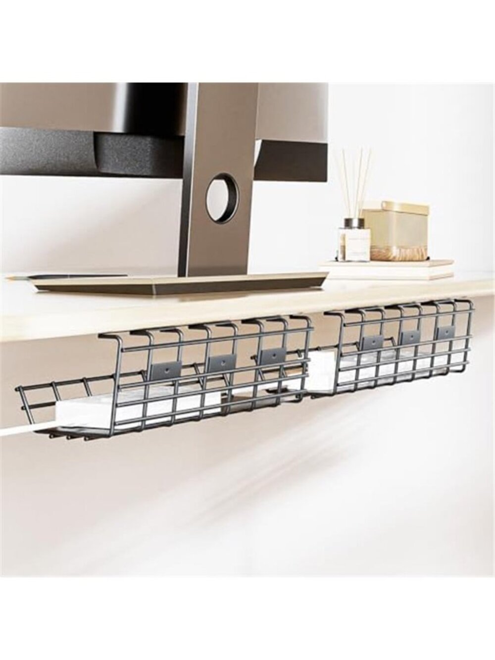 2 Pack Under Desk Cable Management Tray Metal Cords Organizer Wire Holders Black